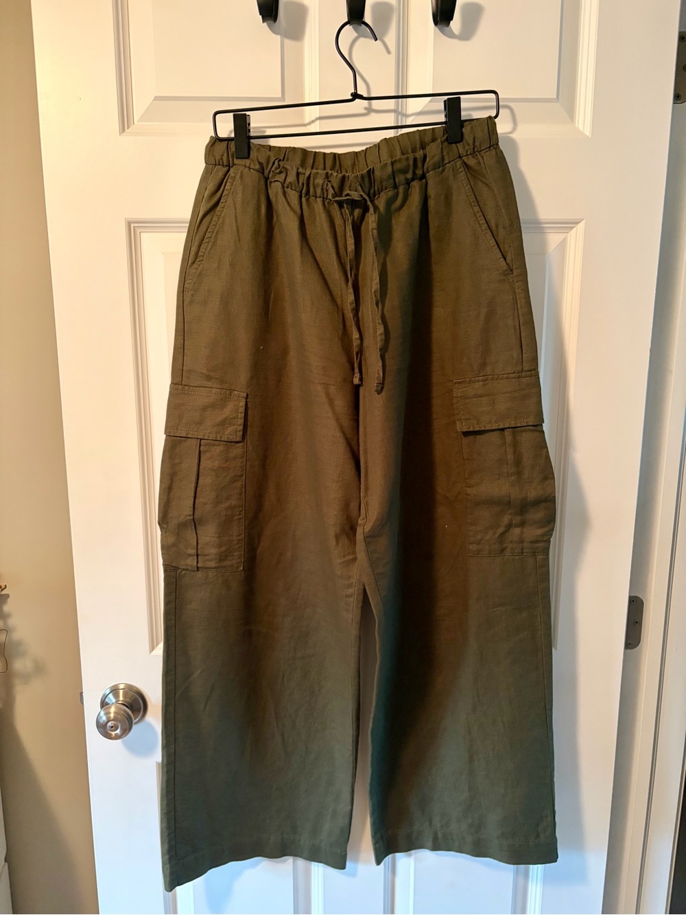 Women’s linen Olive Green Cargo Drawstring Pants